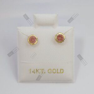 14K Solid Yellow Gold Round Pink CZ Stud Earrings • 4mm Feminine Elegant Design.
